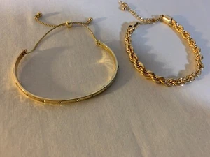 Set of 2 Gold Wheat Chain & Open Bangle Adjustable Bracelets - Picture 1 of 6
