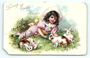 Postal Tucks 1908 Amorosos deseos de Pascua niña con sombrero con conejos - Imagen 1 de 3