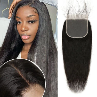 4"x4" Peruvian 8A Virgin Remy Human Hair Unprocessed Silk Straight Lace Closure - Image 1 of 4