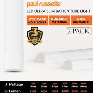 2 Pack LED 1ft 2ft 4ft 5ft 6ft Batten Tube Light Office Garage Ceiling Lamp 240V - Picture 1 of 12