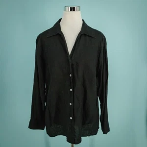 Talbots Plus Size 18W Black Irish Linen Boxy Boyfriend Button Long Sleeve Top - Picture 1 of 5