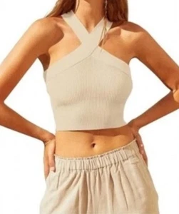 House Of Harlow Ribbed Criss Cross Halter Top Beige Medium - Bild 1 von 5