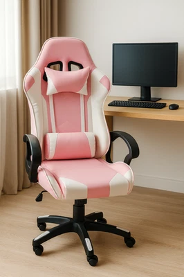Silla Gaming Rosa Cuero PU Silla Oficina Blanca y Rosa Silla Giratoria Nueva Foto 1 de 3