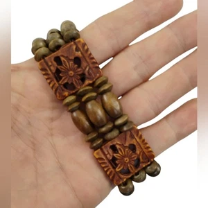 Hawaiian Beaded Wood Bracelet with Engraved Floral Plastic Rectangular Beads - Picture 1 of 10