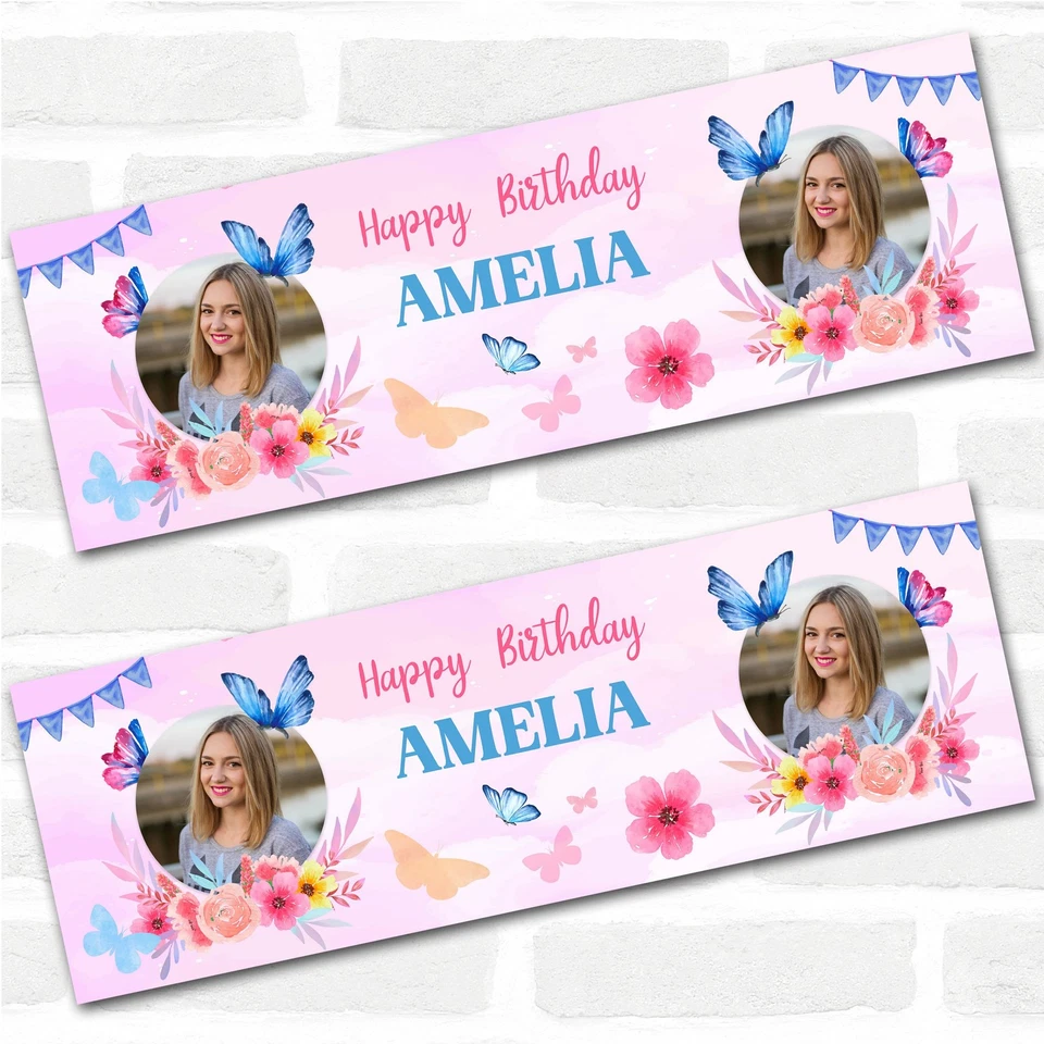 Personalised Party Banner For Birthday Photo Female Butterfly Purple Flowers - Image 1 of 4