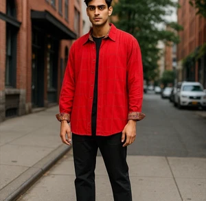 Lansky Bros Red Contrast Cuff Button Up Long Sleeve Shirt Men's Large Rockabilly - Picture 1 of 11