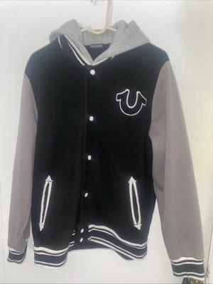 Chaqueta Universitaria True Religion Para Hombre Talla Grande Negra Gris Bolsillos con Capucha Foto 1 de 4