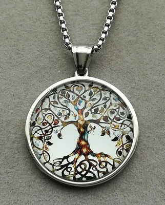 Lebensbaum Anhänger + Halskette Glas Edelstahl Silber Weltenbaum Baum Des Lebens - Bild 1 von 4