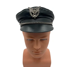 Vintage Black Leather Biker Hat with Chain and Eagle Emblem Size L Made in USA - Picture 1 of 12