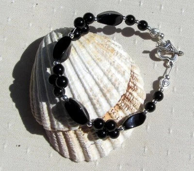 Black Agate & Black Onyx Gemstone Charka Beaded Bracelet "Magic" - Free UK Post - image 1 of 4