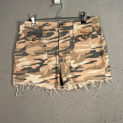 Express Camo Print Mid Rise Shortie Shorts Size 6 With Frayed Hem & Pockets - Image 1 of 4