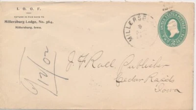 Millersburg Lodge no.364 Iowa I.O.O.F. Odd Fellows 1902 on 2c GW postal envelope - Image 1 of 2