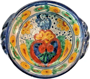 7" Handpainted Art Pottery Glazed Terracotta Bowl with Handles Blue Yellow Green - Picture 1 of 12