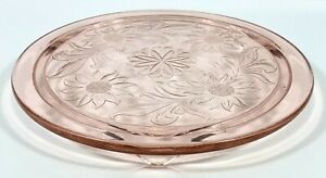 Vtg Pink Depression Glass Footed Cake Stand Plate 10" Round SUNFLOWER 1930s EUC