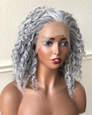 Grey Silver Curly Wavy Lace Frontal Wig 100% Human Hair Short Curly Wigs Remy - Image 1 of 4