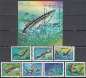 TANZANIA Sc # 1136-43 CPL MNH SET DE 7 + S/S - VARIOS TIBURONES, PECES - Imagen 1 de 1