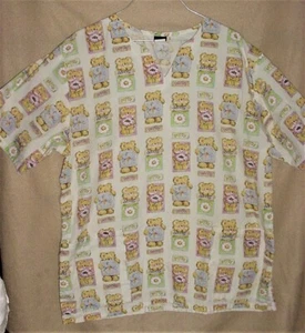 Bears Flowers Squares Print Pediatrician Vet Medical Barco Scrub Top Shirt M - Picture 1 of 3