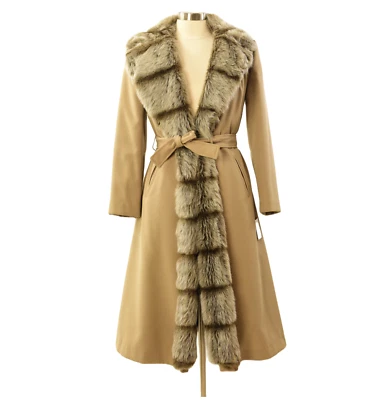 70 年代复古骆驼斜纹裹身外套女式 M 8 人造毛皮领腰带长冬季 — 第 1/4 张图片