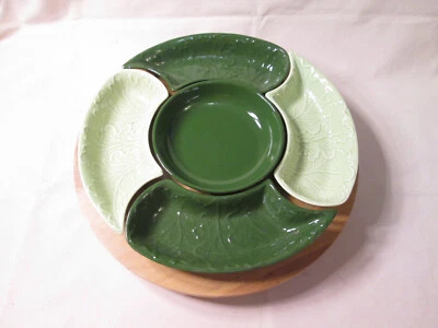 Vintage LG 5 Piece Green Ceramic 13" Lazy Susan Chip/ Veggie Dip Ceramic Tray - Image 1 of 4