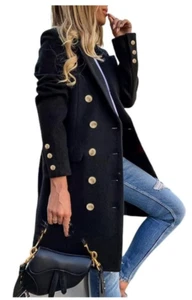 Womens Fall Winter Wool Coats Double Breasted Midi Peacoat Black Large L - Picture 1 of 2