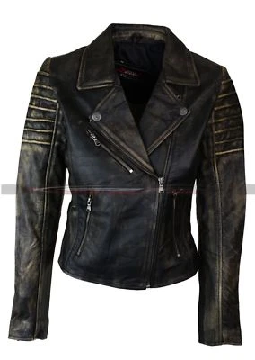 Chaqueta de cuero real vintage negra envejecida para mujer Café Racer Foto 1 de 3
