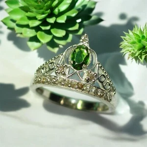 Natural Peridot and Diamond Sterling Silver Jewelry Ring size 8 US, - Picture 1 of 9