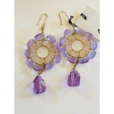 Chunky Lavender Purple Hoop Earrings Crystal Wired Brass BOHO Statement 5.5"L - Image 1 of 4