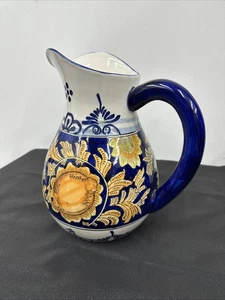 Vintage I. Godinger Pitcher Cobalt Blue & Gold Mediterranean Style Floral 10" - Picture 1 of 12