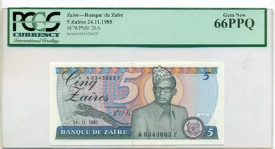 Zaire 1985 5 Zaires Bank Note Gem New 66 PPQ PCGS Currency - Image 1 of 4
