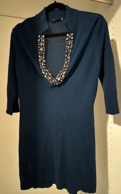 Magaschoni 女式 M 码蓝丝绸羊绒针织珠宝束腰毛衣连衣裙 — 第 1/4 张图片