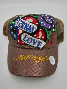 Ed Hardy Trucker Hat Cap Snapback Adjustable Eternal Love Brown Mesh Rhinestones - Picture 1 of 10