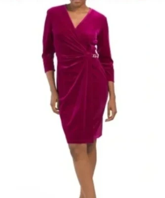 Anne Klein 女式 14 珠宝色调洋红色天鹅绒水钻裹身连衣裙假日 — 第 1/4 张图片