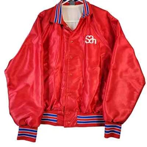 Vintage 80s Save A Heart Foundation Satin Jacket Varsity Mens L Snap Buttons Red - Picture 1 of 15