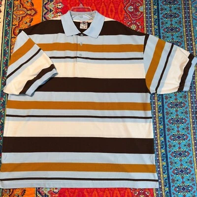 Old Skool Urban Wear Polo Shirt 3X Blue/Brown/White Striped Short Sleeve - Image 1 of 4