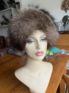 LARGE VINTAGE 90S GENUINE RUSSIAN SILVER FOX ROUND FUR HAT GREY BROWN WINTER - Picture 1 of 19