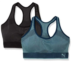 PUMA Ladies 2 Pack Seamless Wire Free Performance Sports Bra, Blue/Charcoal - Picture 1 of 3