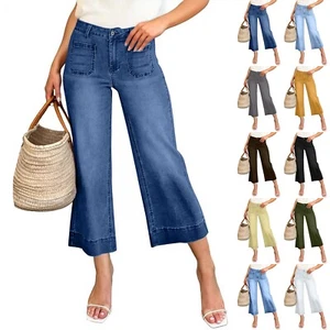 Women Wide Leg Cropped Jeans Trendy High Waisted Flare Denim Pant Stretchy Baggy - Picture 1 of 43