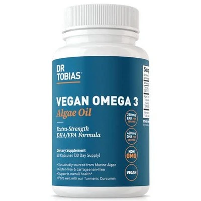 Dr. Tobias Vegano Omega 3 Suplemento, 1400 mg Aceite de Algas, 420 mg DHA y 210 mg EPA Foto 1 de 4