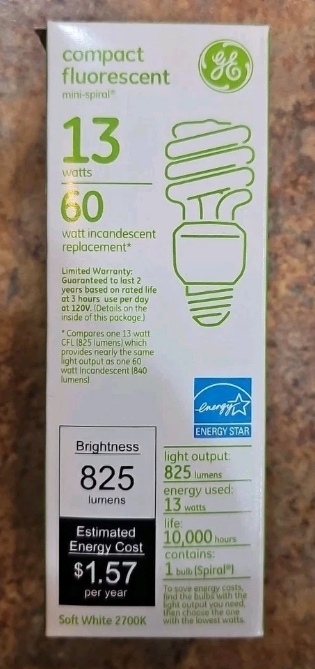 GE Mini Spiral Soft White Light Bulb 13 Watt 825 Lumens Soft White 2700K - NEW - Image 1 of 3