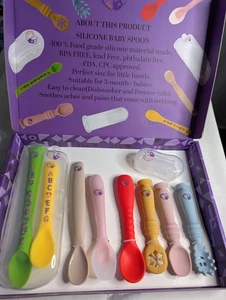 Silicone Baby Feeding Spoons Finger Toothbrush Set With Travel Case - Picture 1 of 6