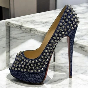 Christian Louboutin Spike Stud Canvas Pumps Blue 37EU - Picture 1 of 9