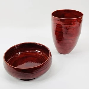 SixTrees LifeStyles Deep Red Lacquered Handcrafted Spun Bamboo 8” Bowl 9” Vase - Picture 1 of 12