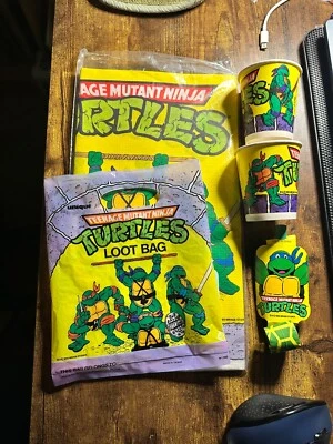 Vintage TMNT Birthday Party Supplies—Table Cover SEALED, Cups, Blow-Out, LootBag - Image 1 of 4