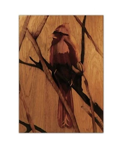 Red cardinal decor painting from wood marquetry wood wall art - Picture 1 of 6