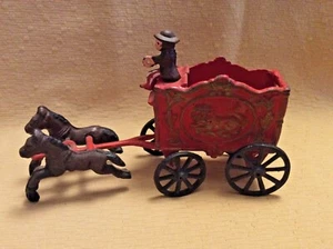 VINTAGE CAST IRON HORSE DRAWN LION CIRCUS WAGON W/2 HORSES-OVER 90 YRS OLD - Picture 1 of 9