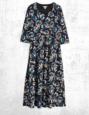 Women’s Seasalt Jersey Dress Cotton  ¾ Sleeve Waisted Crew Neck Onyx Floral - Image 1 of 4