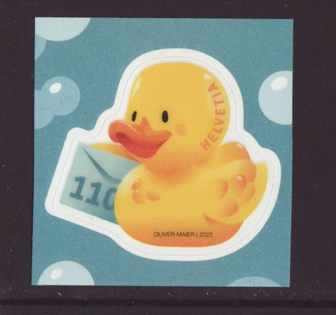 Switzerland 2023 Rubber Duck  Unique Unusual Odd Shape selective Varnsihed Stamp Cover