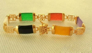 Multi-Color Jade 18KGP Bless Fortune Longevity Luck Link Clasp Bangle Bracelet - Picture 1 of 3