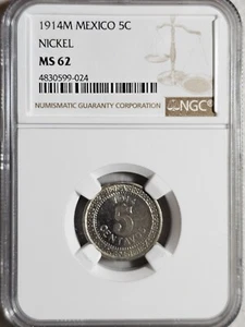 Mexico 5 Centavos 1914 M Nickel NGC MS 62 - Picture 1 of 2