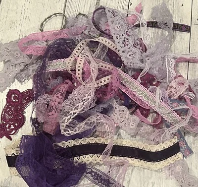 PURPLES PINKS VINTAGE & MODERN LACE TRIM BULK LOT SEWING CRAFT SNIPPET ROLL - Image 1 of 4